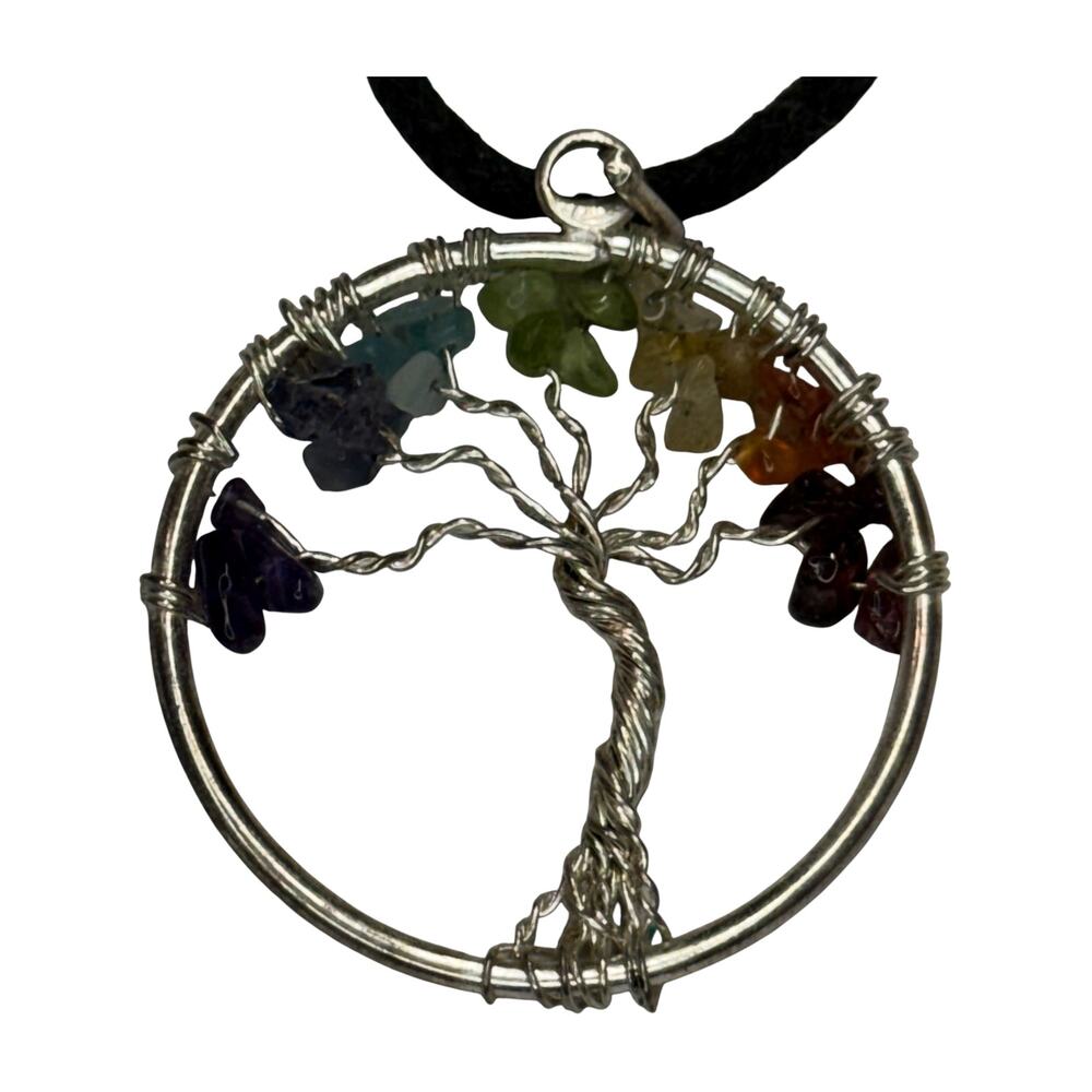 Tree of Life 7 Chakra Chip Stone Pendant Necklace Adjustable Cord - Picture 4 of 6